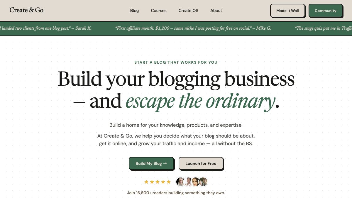 Create & Go homepage