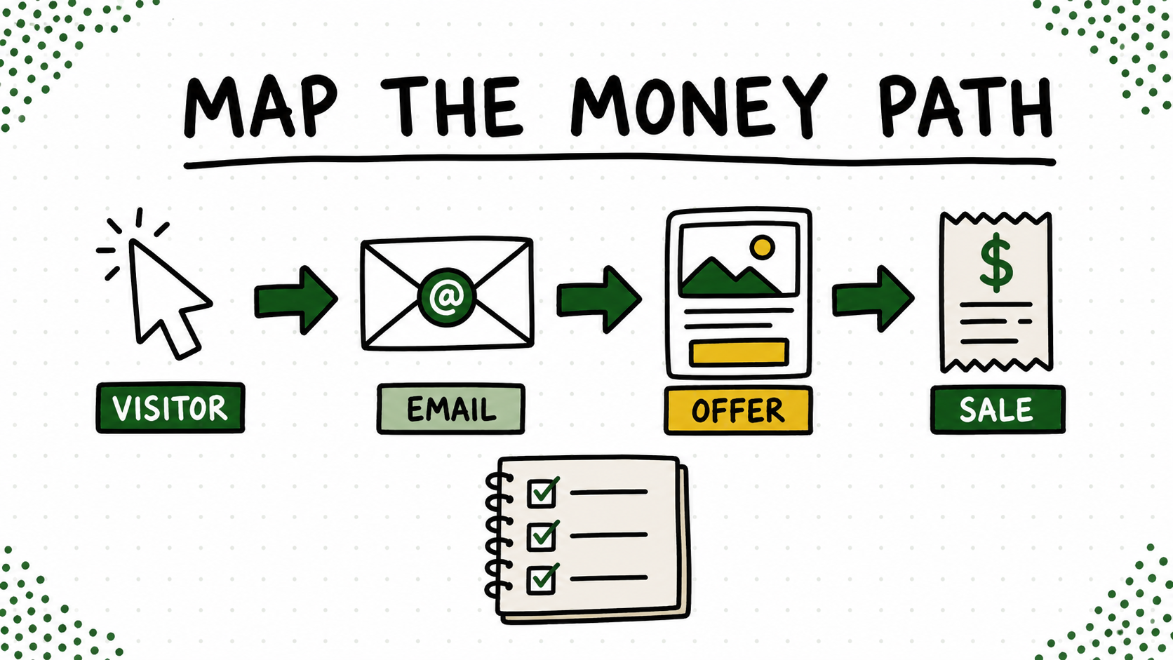 Flowchart tracing a visitor through subscriber, offer, customer, and handoff documentation.
