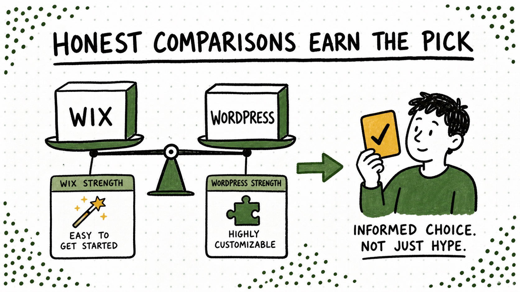 Comparison table showing where Wix and WordPress each fit different buyer needs.