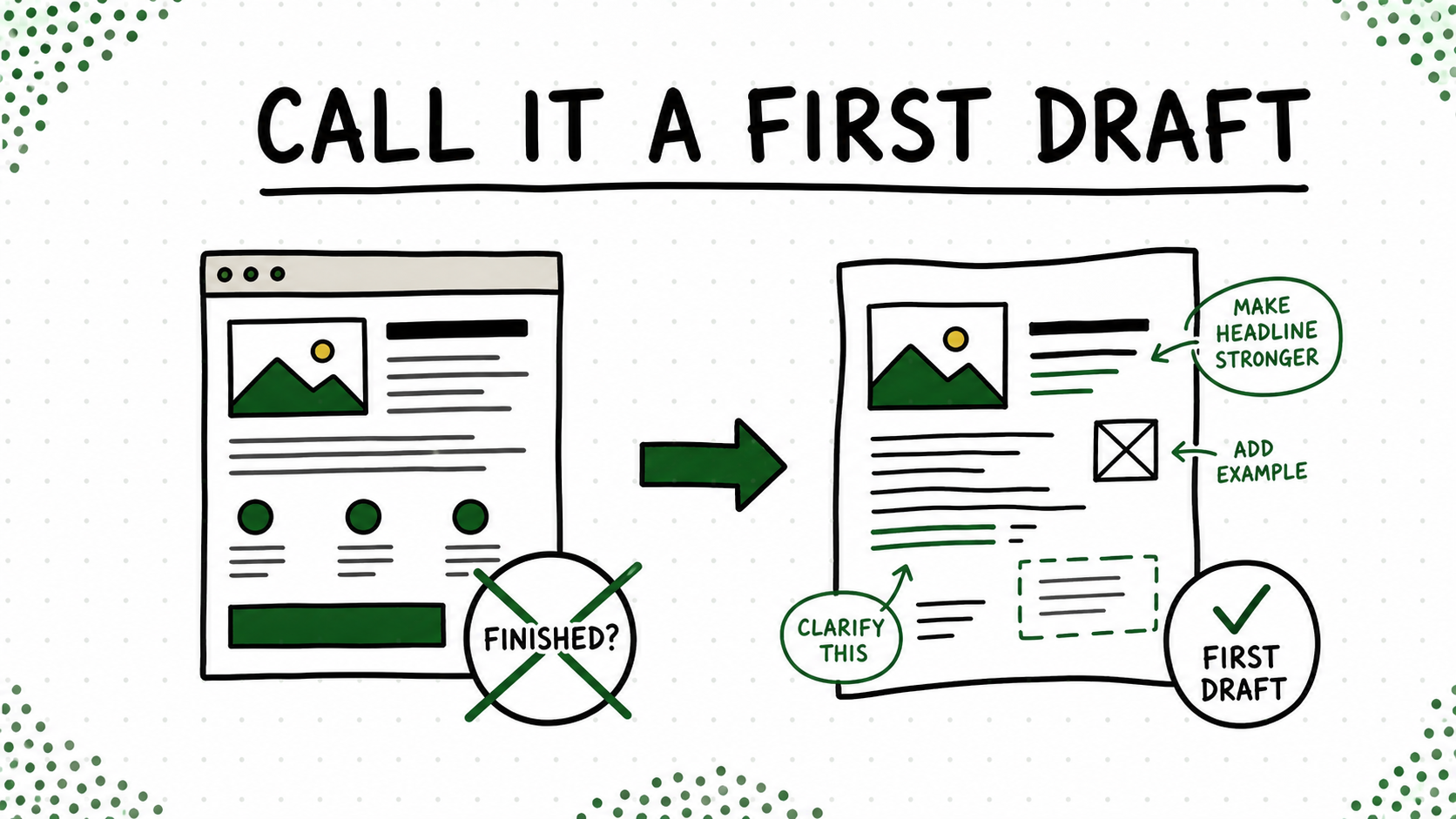Before and after copy changing a finished article promise into an honest first draft promise.