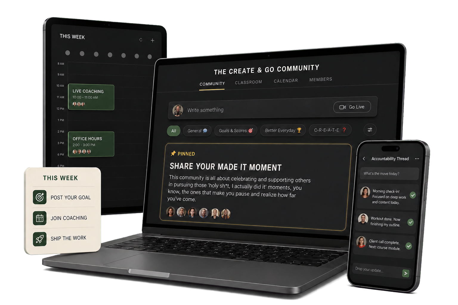 The Creator Club — community feed, question thread, feedback, and weekly action card