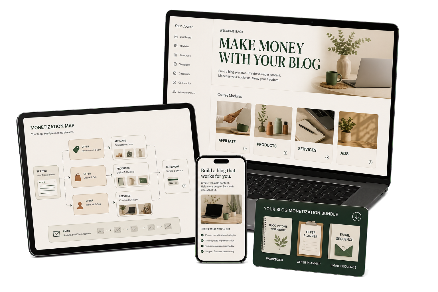 Make Money With Your Blog course — lessons, monetization map, offer planner, and email sequence