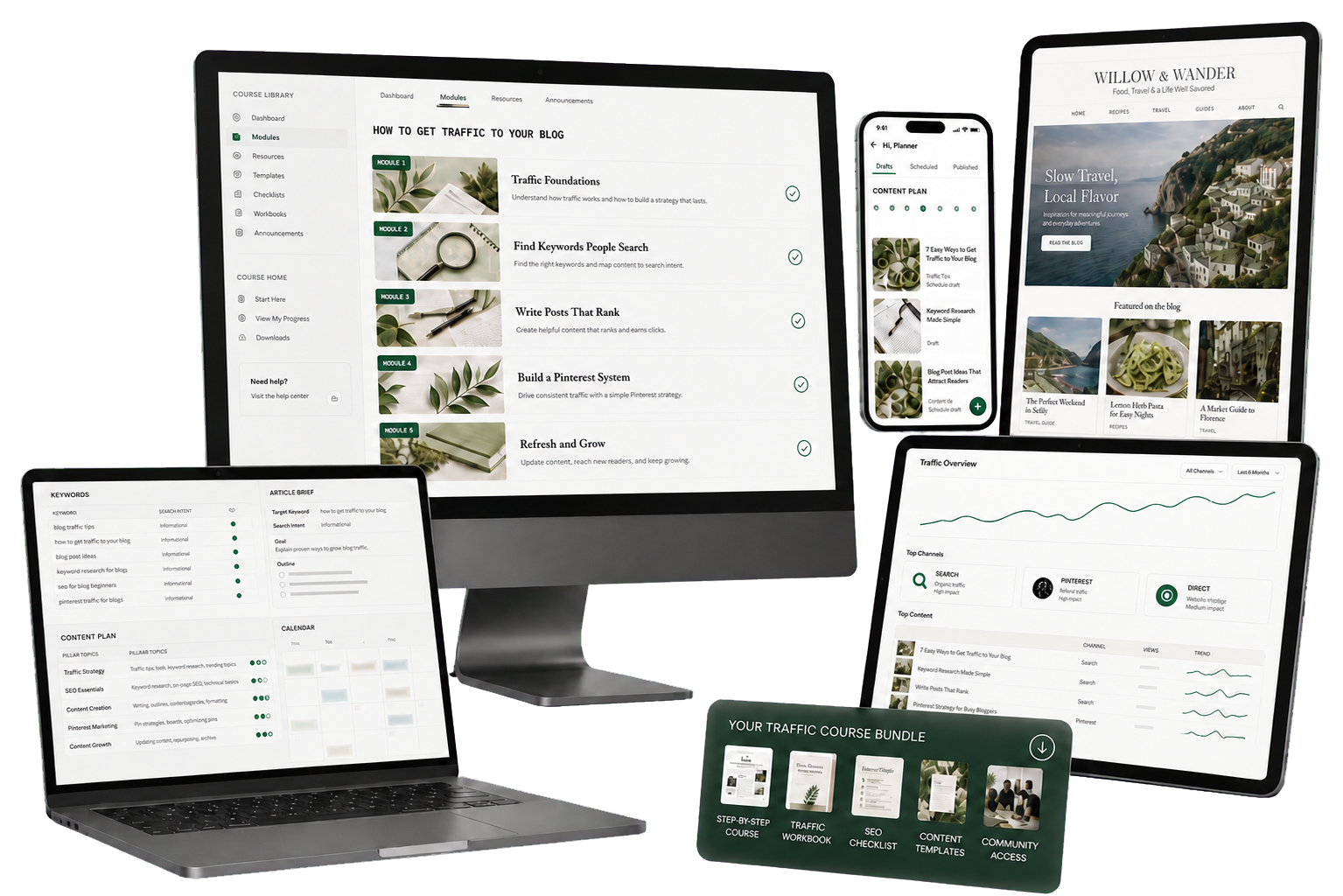 Get Traffic to Your Blog course — modules, keyword planner, content plan, and analytics