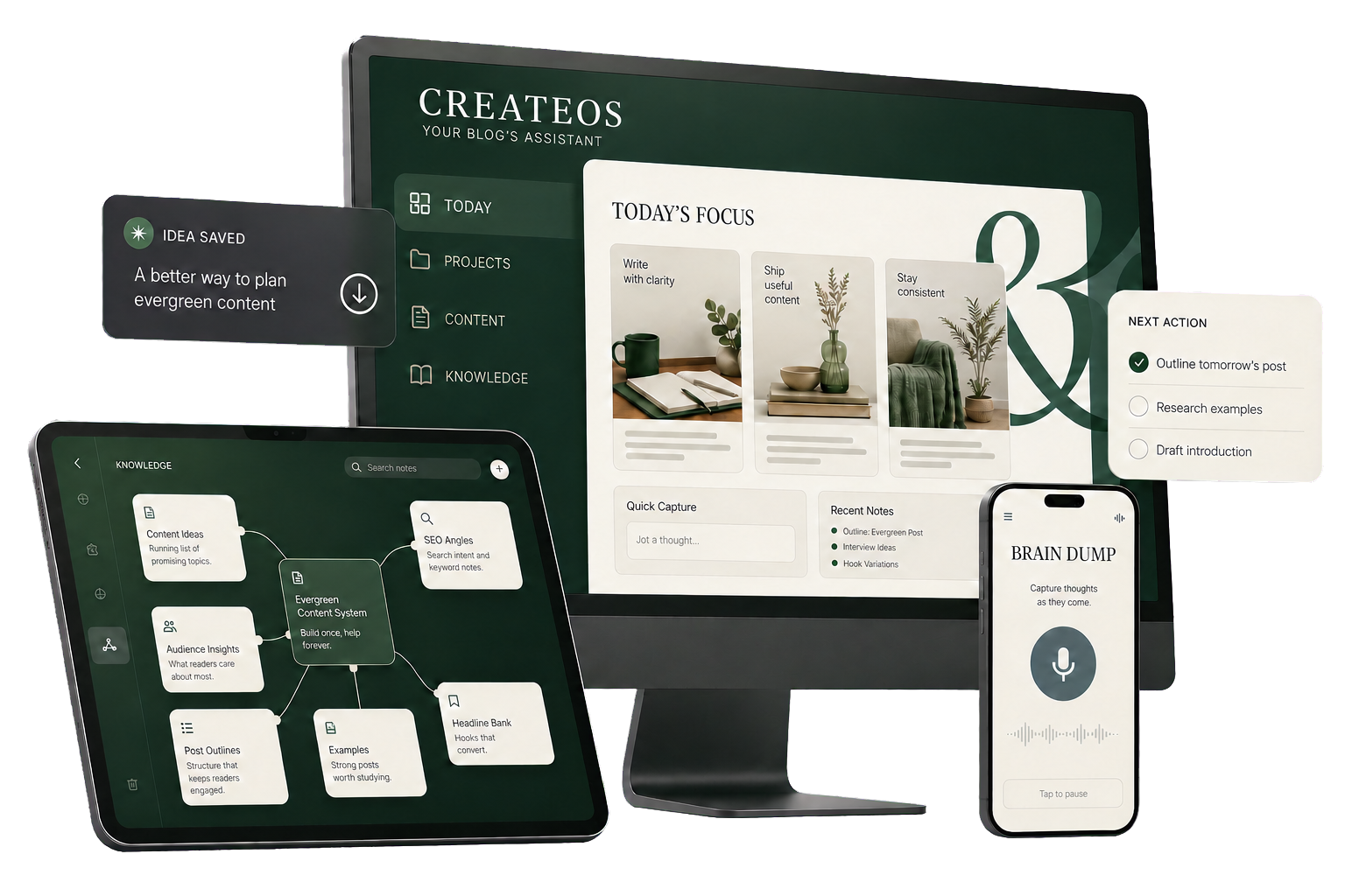 CreateOS — daily focus dashboard, connected knowledge, voice capture, and next-action card