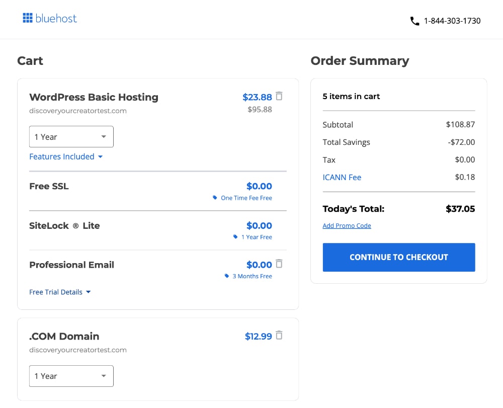 Bluehost cart information