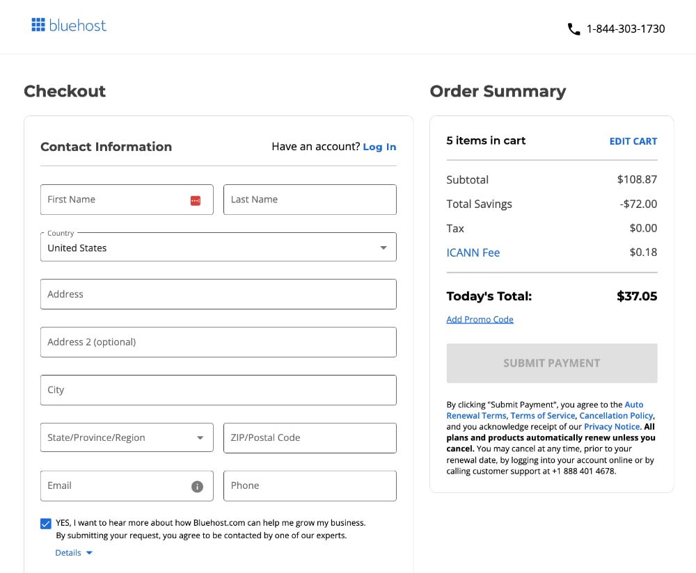 Bluehost checkout and account information