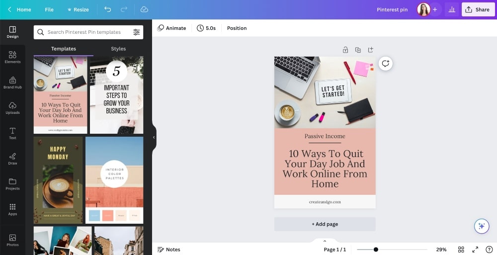 screenshot of Canva Pinterest design