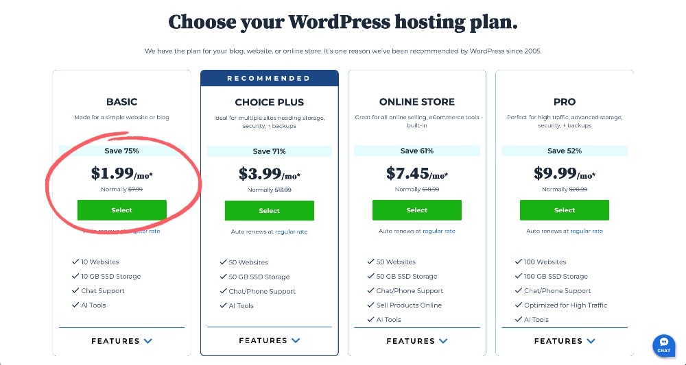 Choose WordPress hosting plan