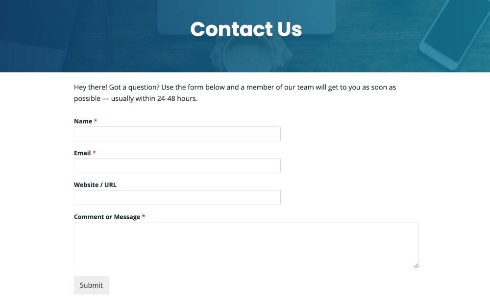 Contact page example with form from Create and Go
