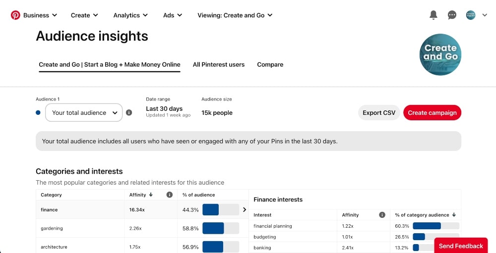 screenshot of Pinterest audience insights