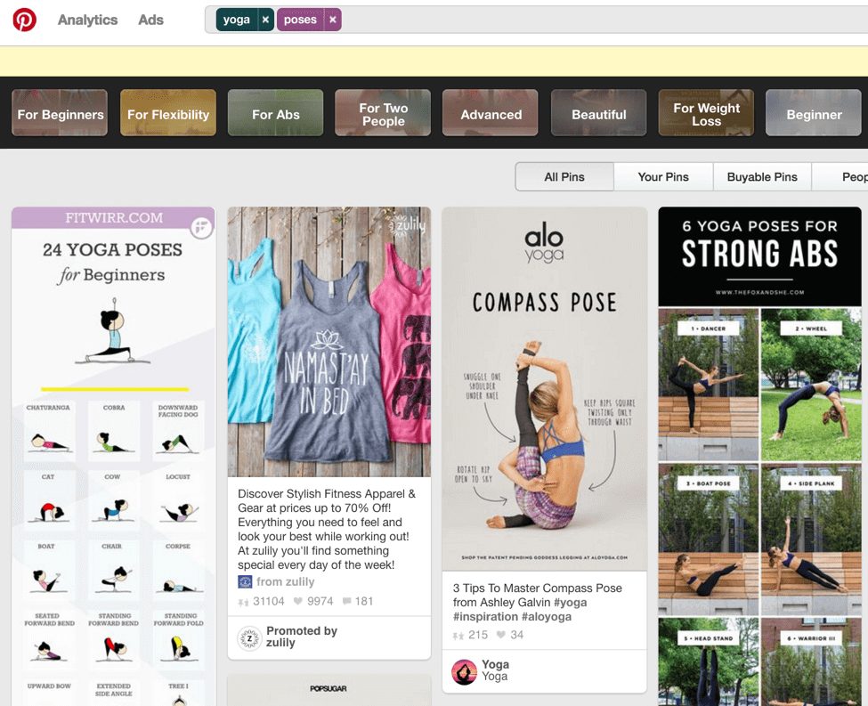 Pinterest search for yoga poses to monetize your blog