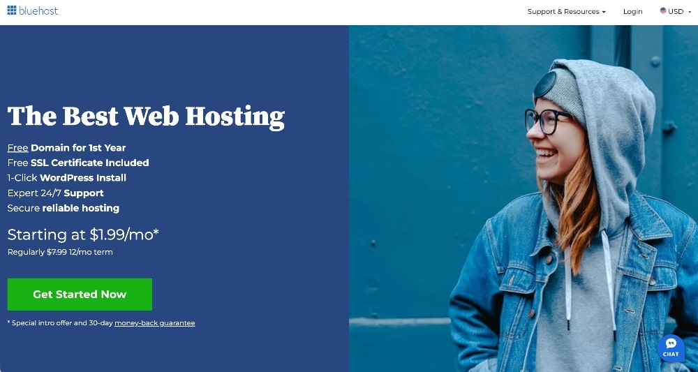 Start a blog with Bluehost landing page