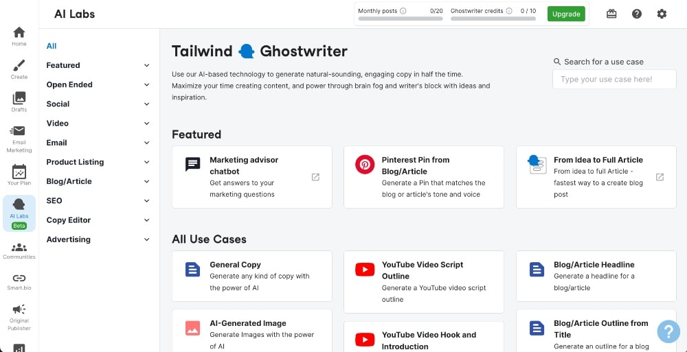 screenshot of Tailwind AI tools