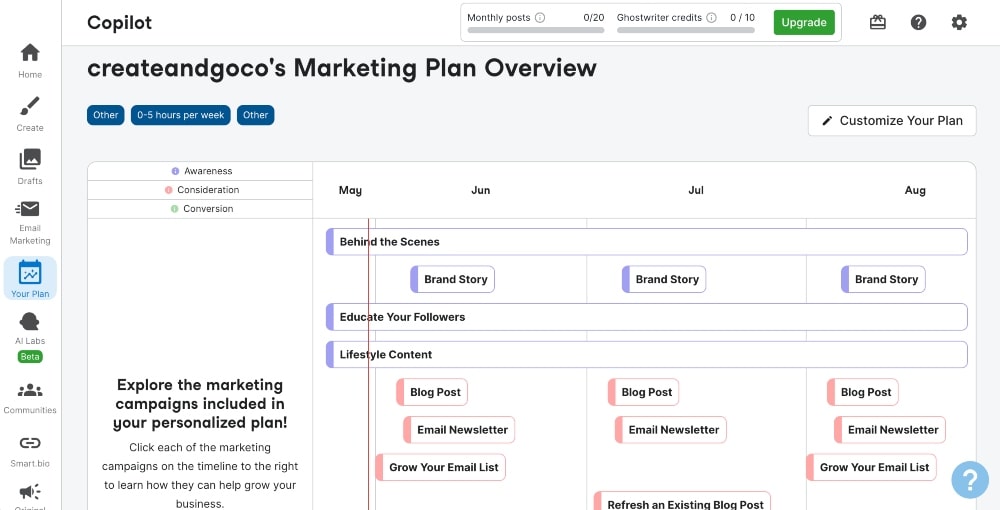 screenshot of Tailwind marketing plan