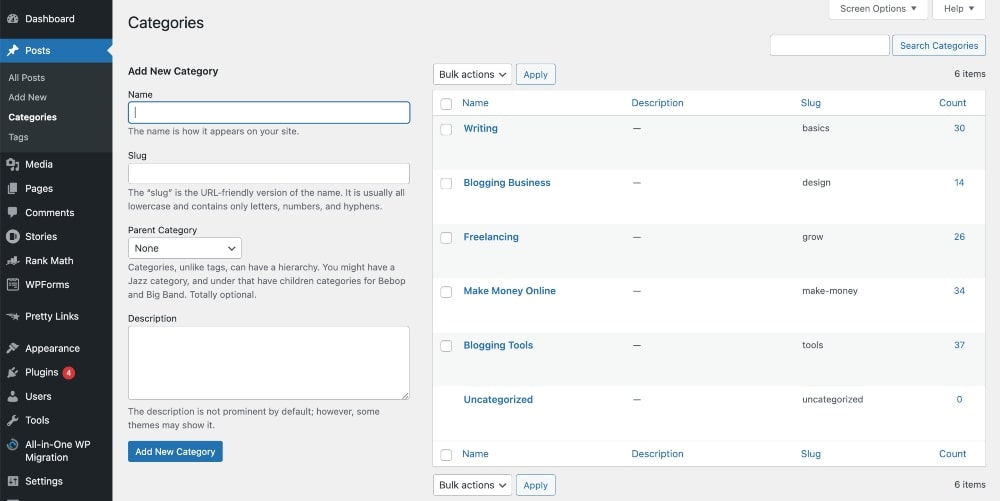 Screenshot of WordPress blog categories setup