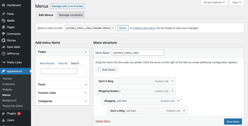 Screenshot of WordPress menu setup