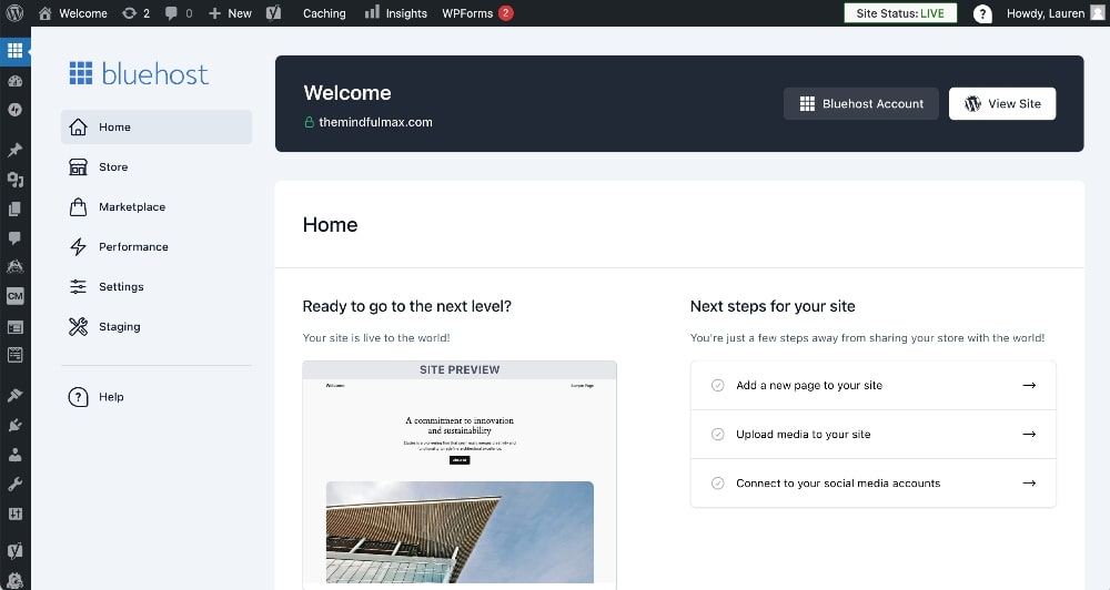 bluehost and wordpress welcome dashboard