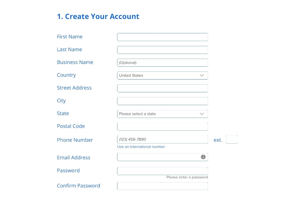 create a Bluehost account screenshot