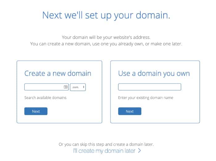 Screenshot of selecting a domain name with Bluehost