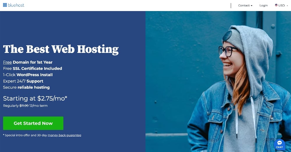 start a blog with Bluehost landing page