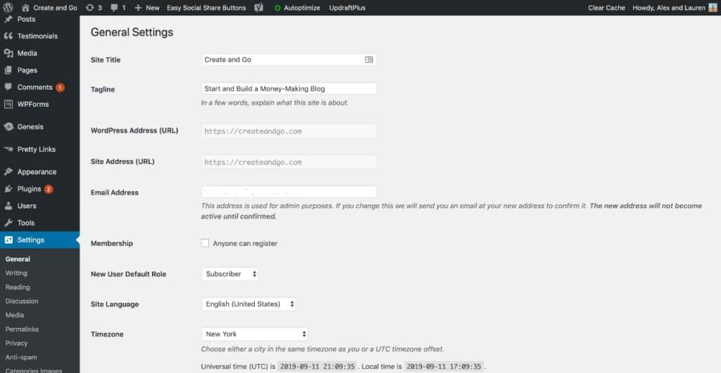 Screenshot of WordPress general settings