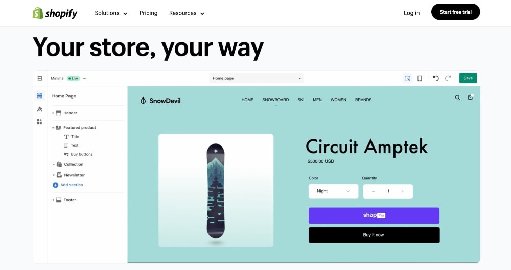 Screenshot of Shopify homepage advertising to create a custom store