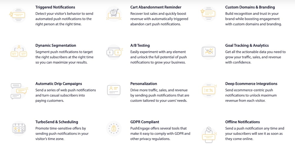 PushEngage key features listing screenshot