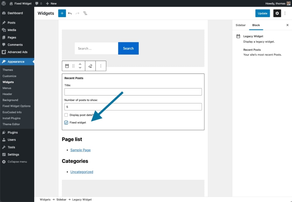 screenshot of Sticky Widget WordPress settings