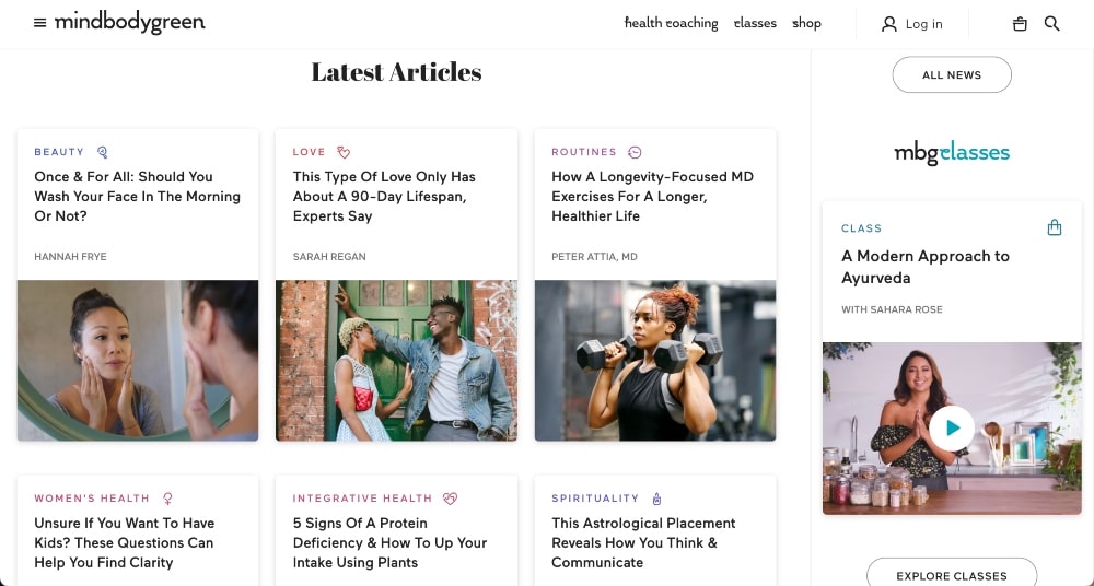 screenshot of the MindBodyGreen homepage