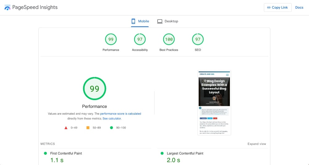 screenshot of Google PageSpeed Insights for blog article