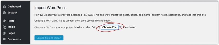 choose WordPress.com file to upload