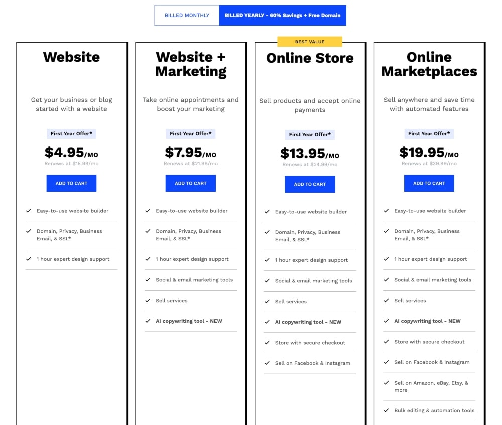 screenshot of Web.com pricing plans