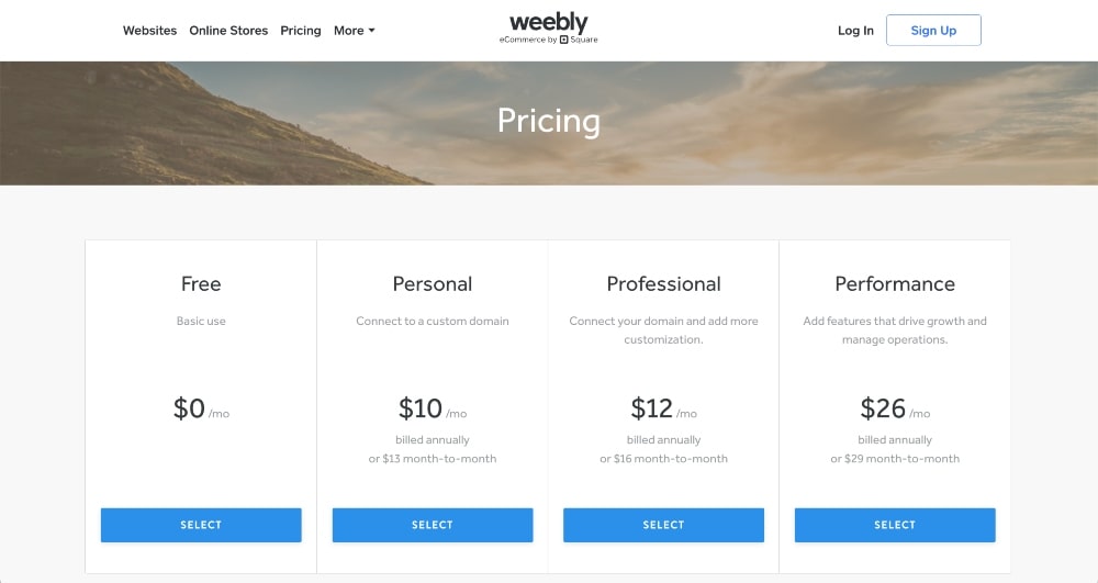 screenshot of Weebly blog pricing