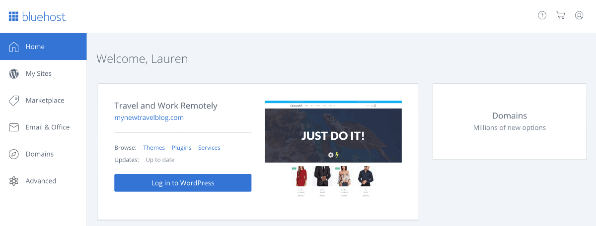 Screenshot of Bluehost dashboard for WordPress website