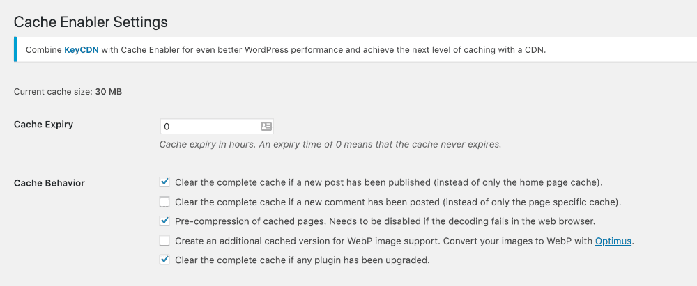 cache plugin settings