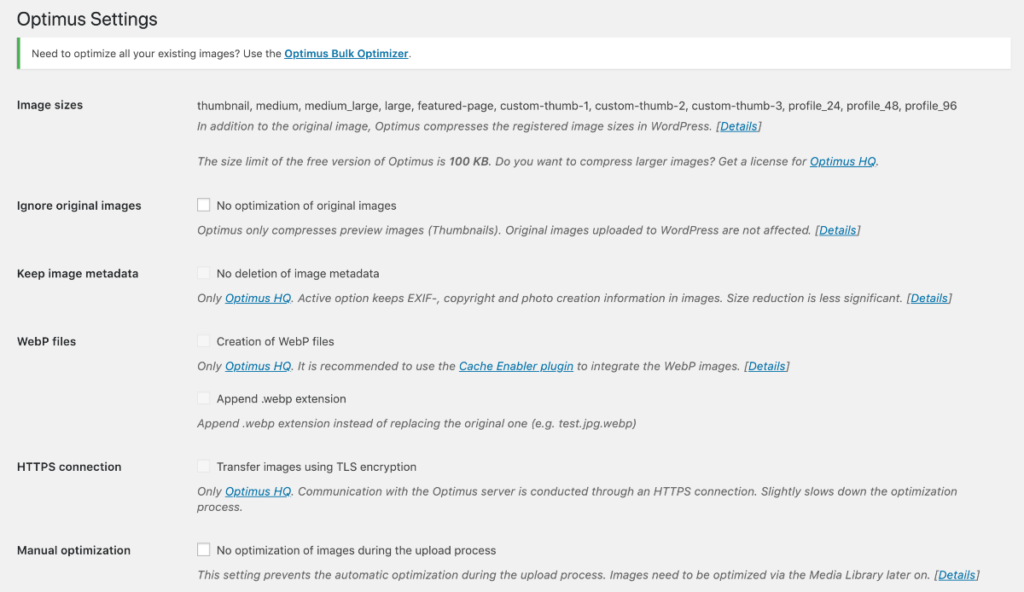 Screenshot of Optimus WordPress plugin settings