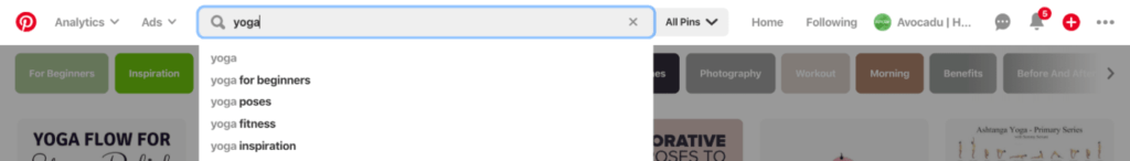 Pinterest search for yoga poses writing a blog post