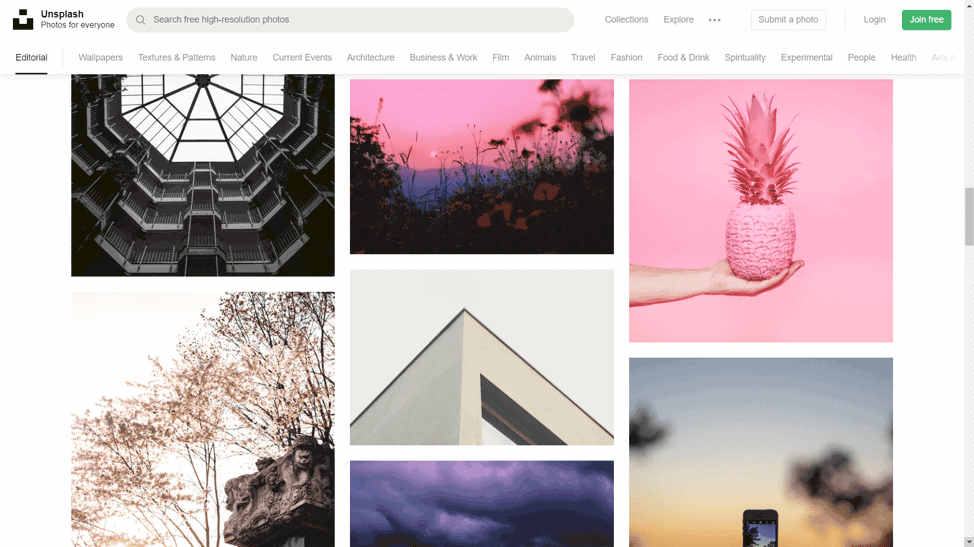 Unsplash collection of free stock photos for blogs