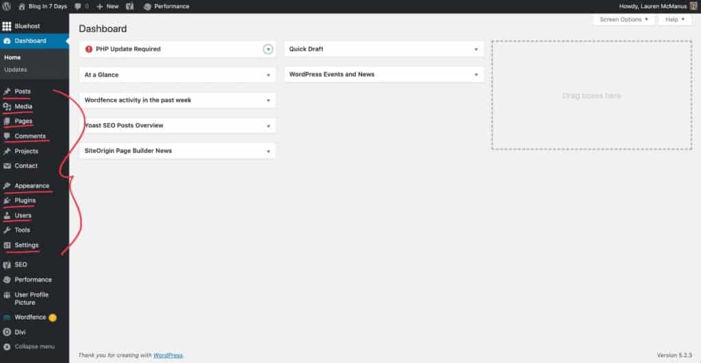 wordpress dashboard