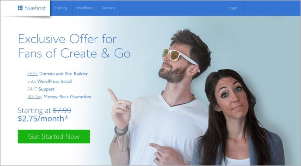 Bluehost custom affiliate landing page for Create and Go