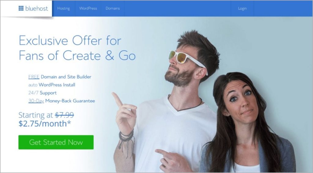 Screenshot of Bluehost affiliate landing page for Create and Go