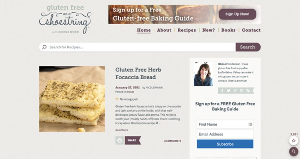 gluten free on a shoestring website screenshot