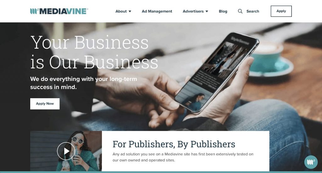 Screenshot of Mediavine home page for publishers