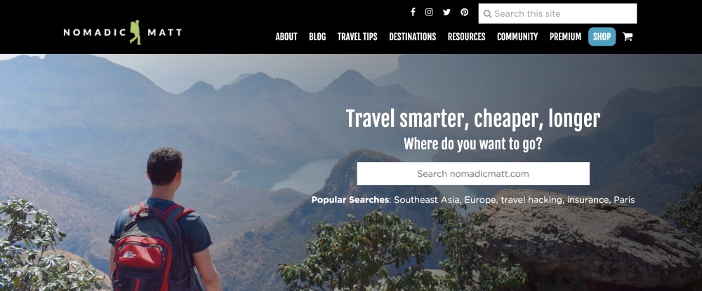 screenshot of Nomadic Matt's website