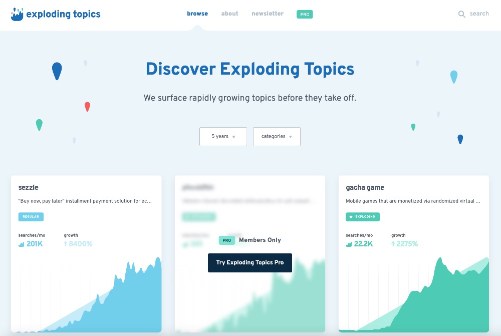 Screenshot of Exploding Topics home page with one row of results