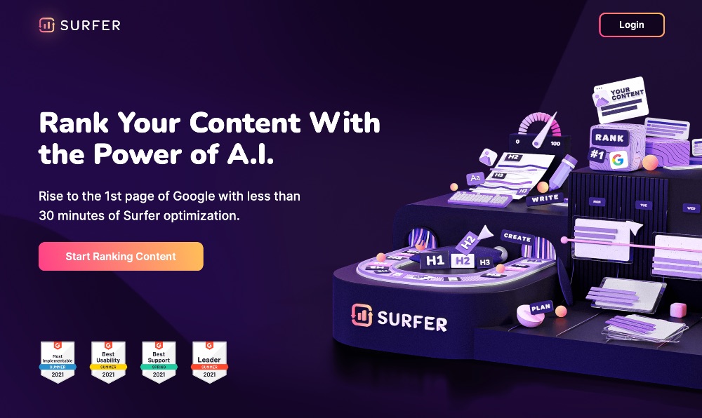 Screenshot of Surfer SEO home page