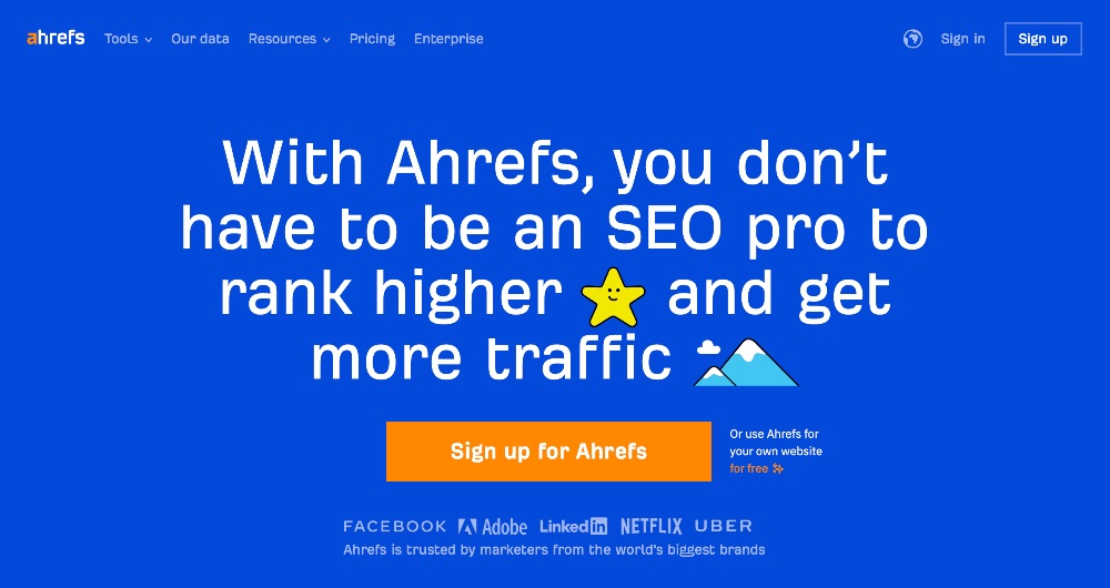Screenshot of the Ahrefs home page, not logged in