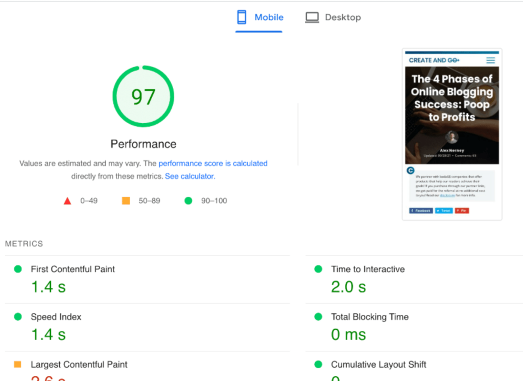 results page of google page speed insights