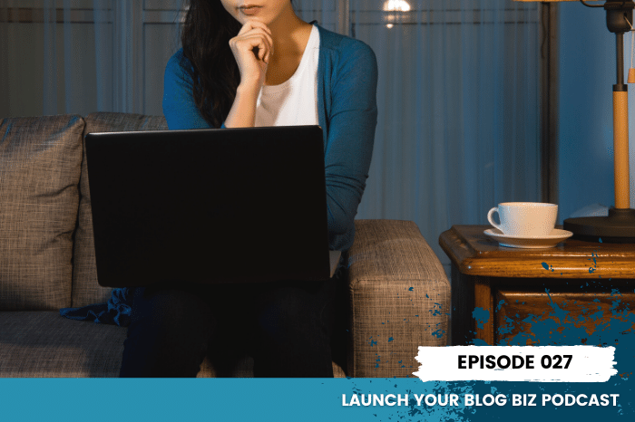 podcast featured image with graphic of woman with laptop looking uncertain, feeling imposter syndrome