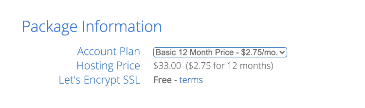 Screenshot of Bluehost package information